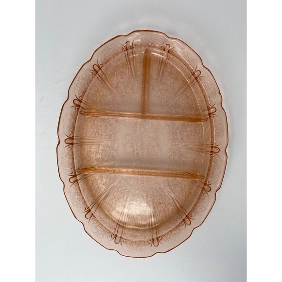 Jeanette Depression glass 13.25" Divided Oval Platter Cherry Blossom Pink - Picture 2 of 8